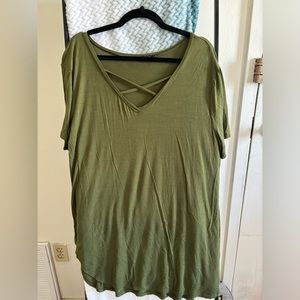 XXL Hunter green long tee with cross straps in front, v-neck